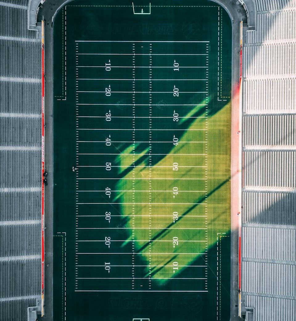 Aerial view of a football field during practice