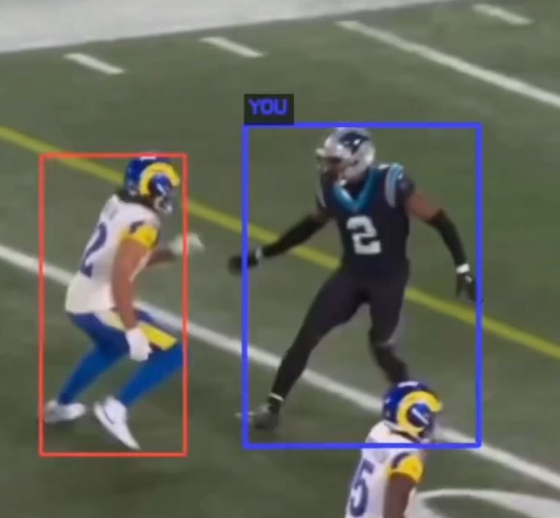 AI computer vision tracking a player on the field with bounding box